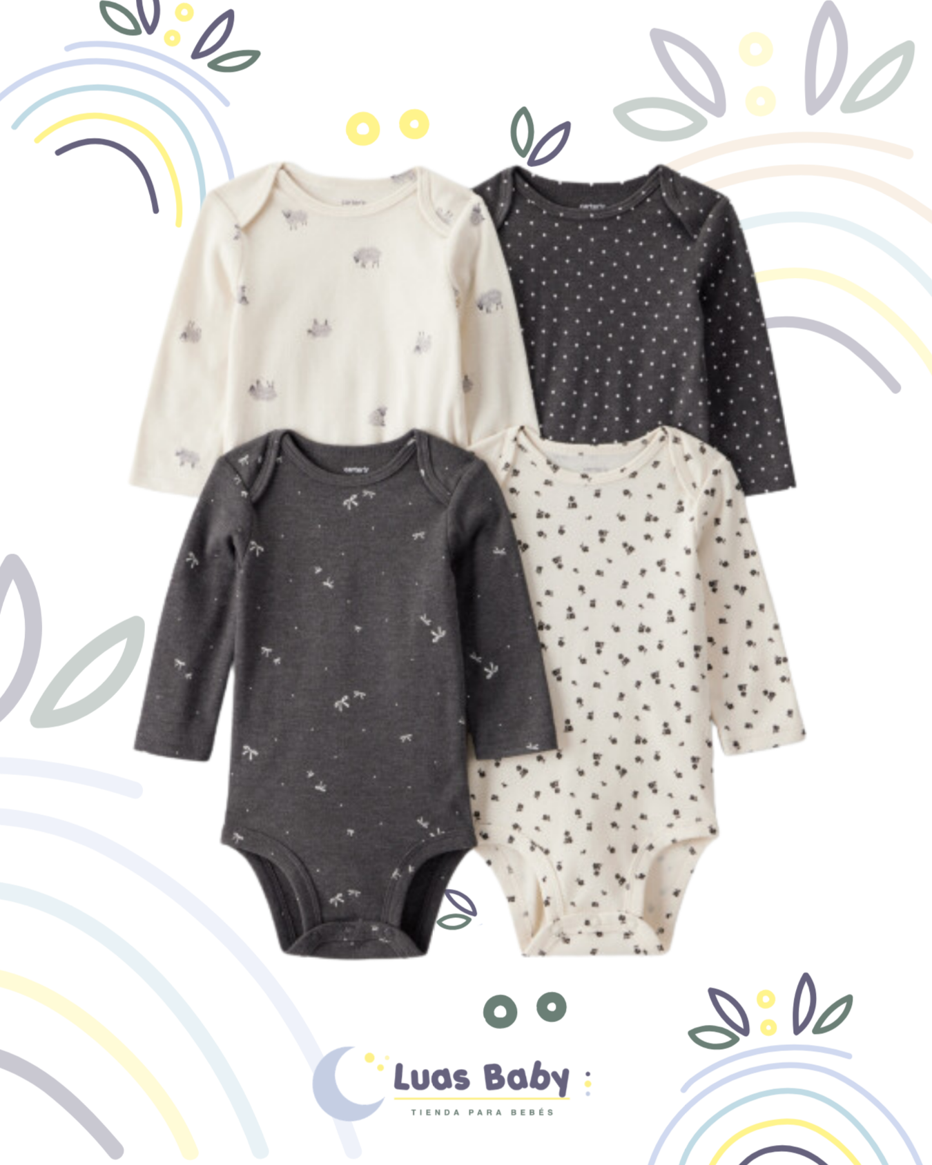 Pack 4 Bodies Manga Larga Estampados Neutros