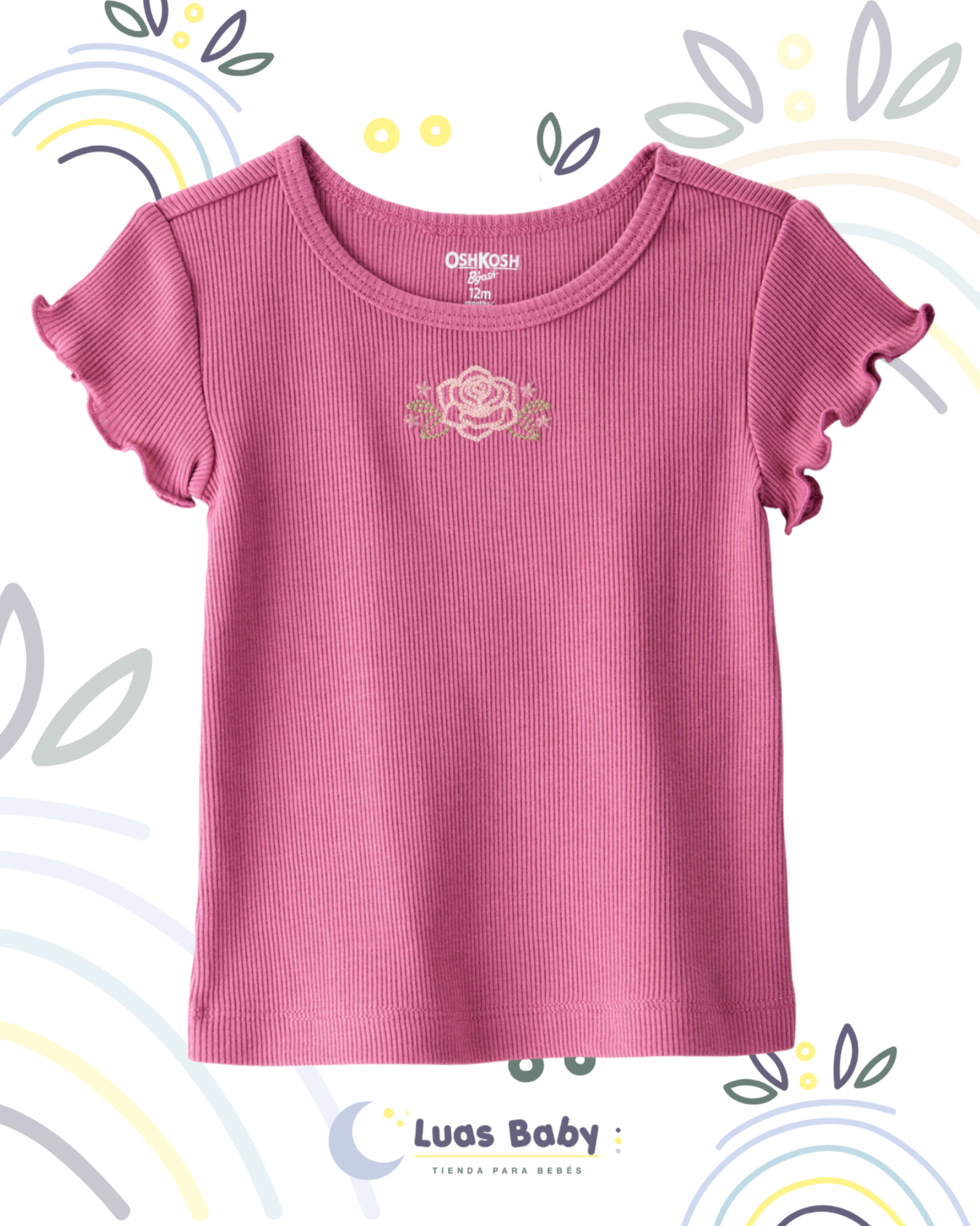 Camiseta Rib Vuelos Rosada con Rosa Bordada