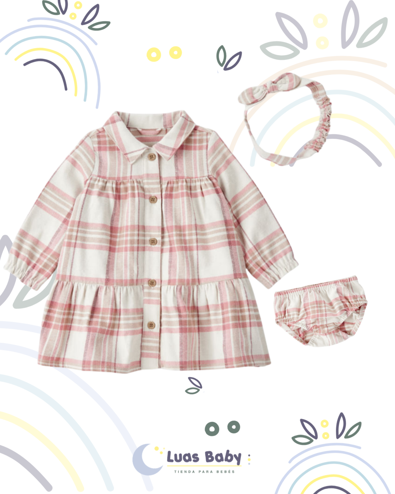 Conjunto Vestido Cuadros + Bloomers + Diadema