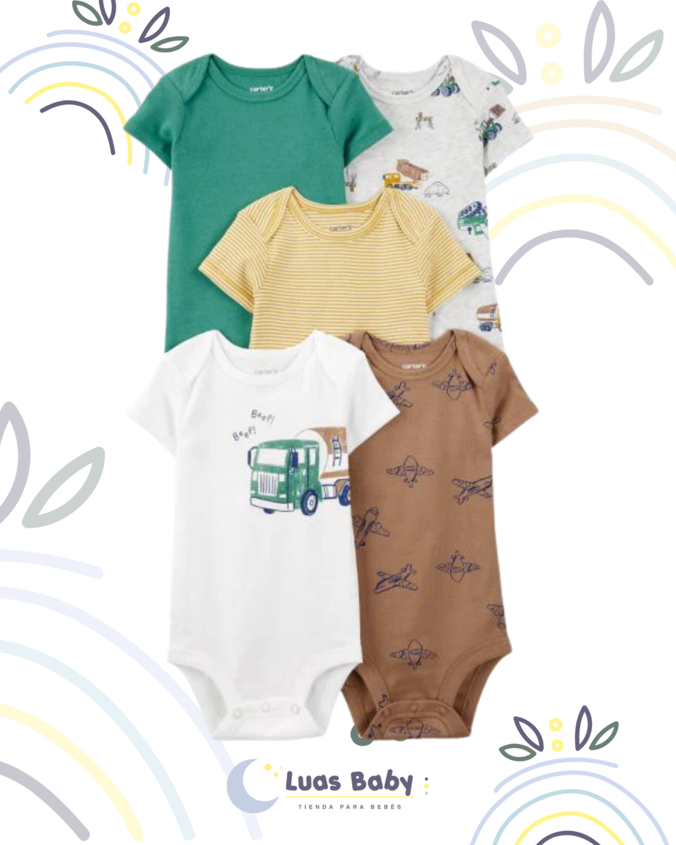 Pack 5 Bodies Manga Corta Transportes Carter's