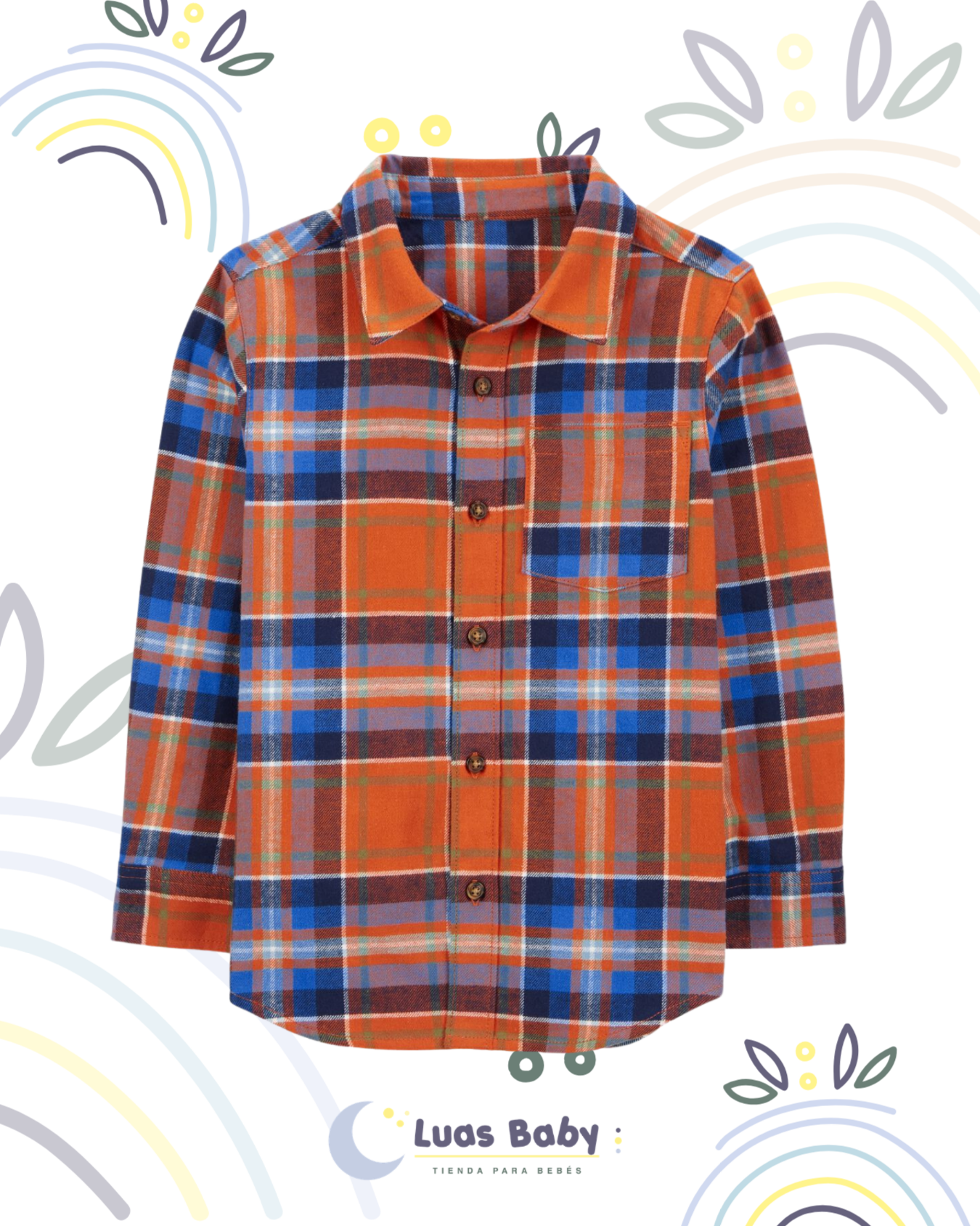 Camisa Manga Larga Cuadros Naranja y Azul