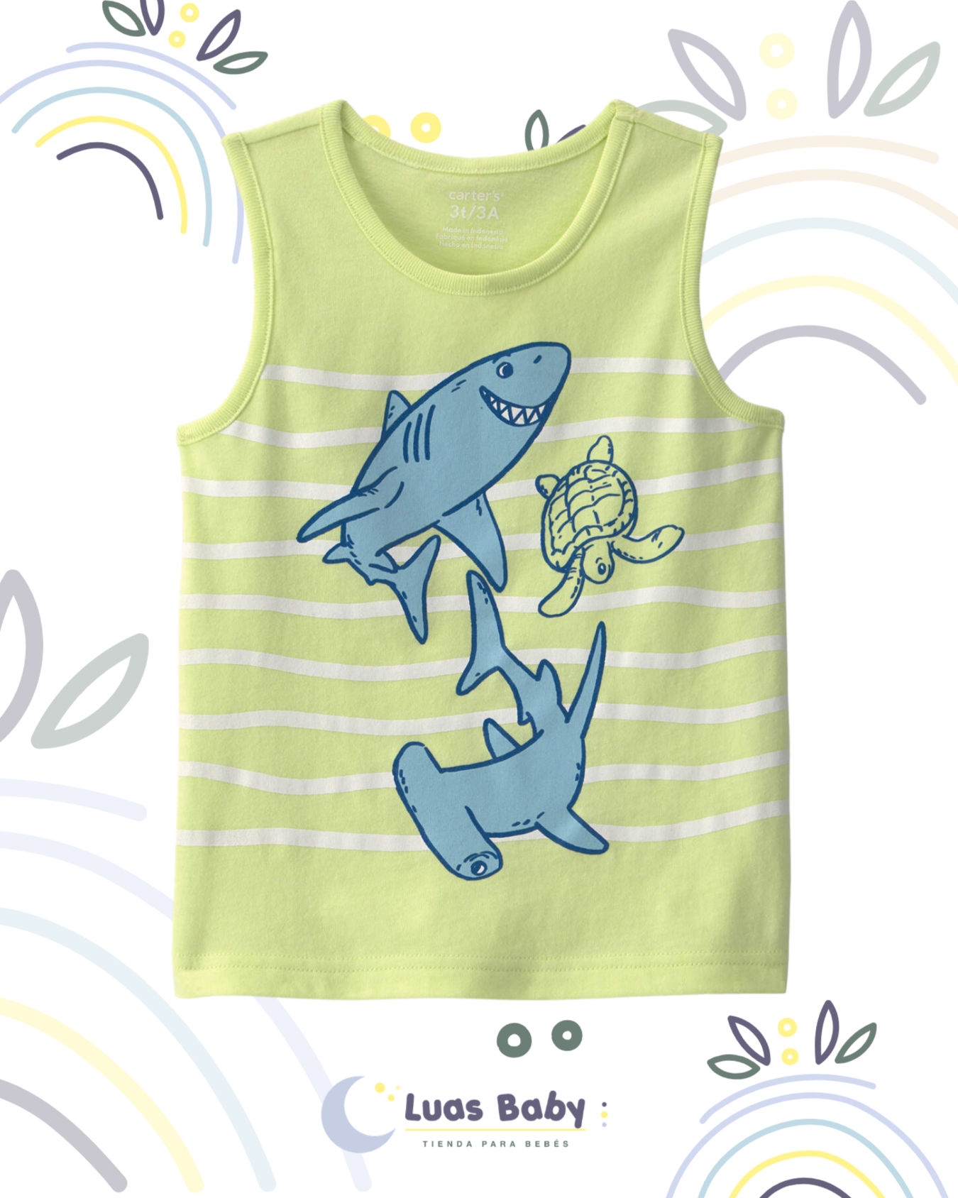 Camiseta Sin Mangas Tiburón y Tortuga Verde Lima