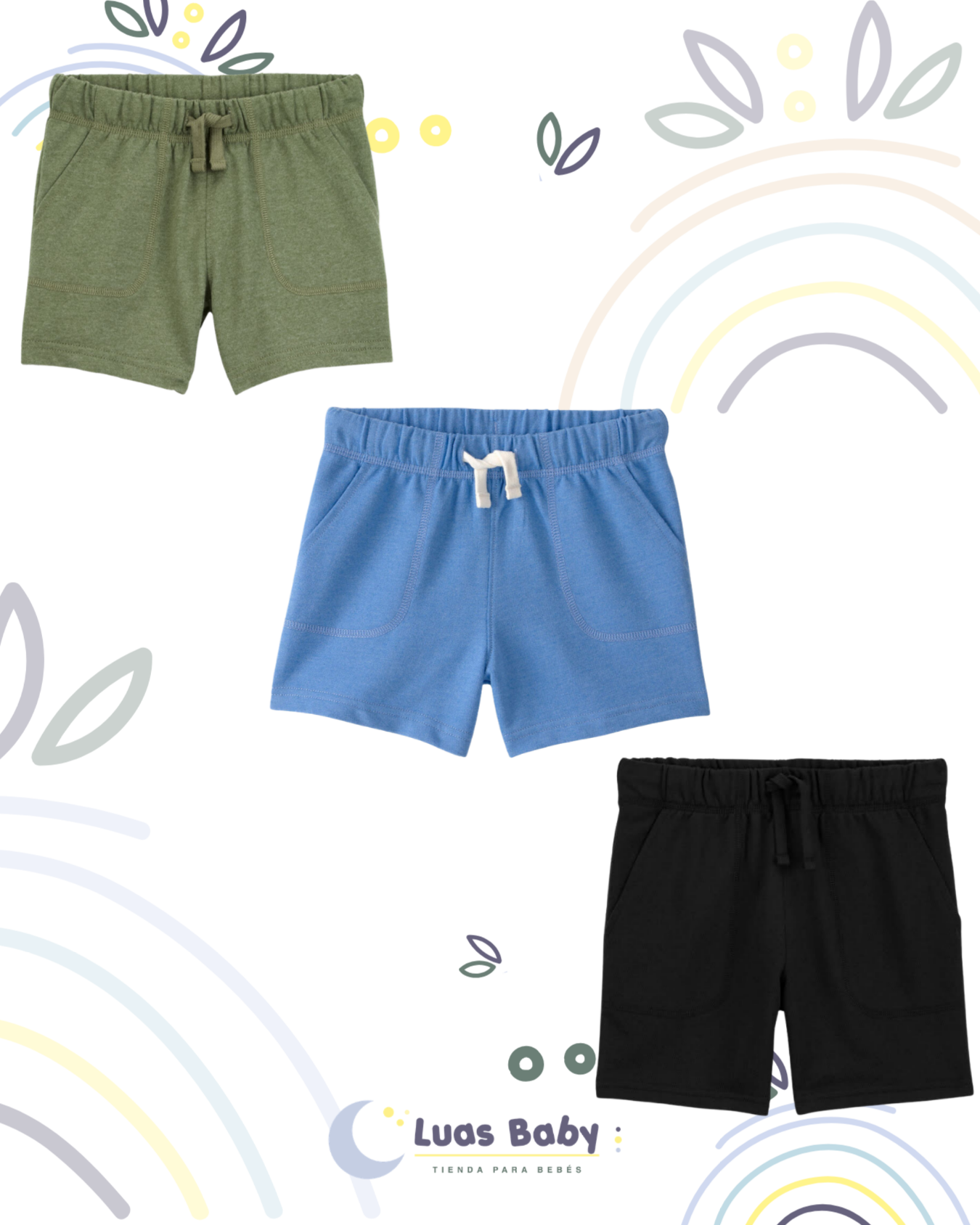Shorts Básicos Niño Verde Oliva, Verde Brillante, Celeste, Gris, Azul y Negro