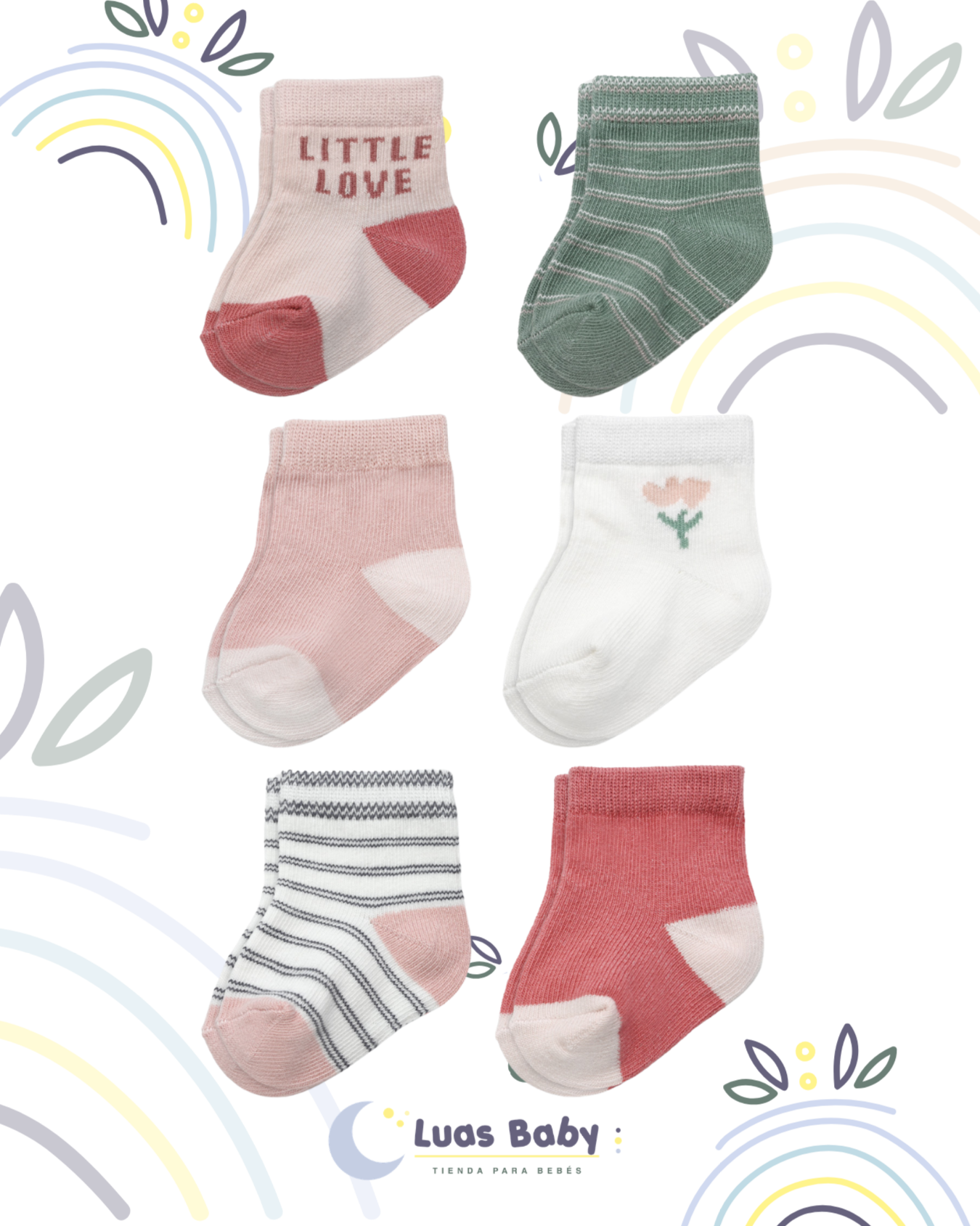 Pack 6 Calcetines Rosados y Verdes