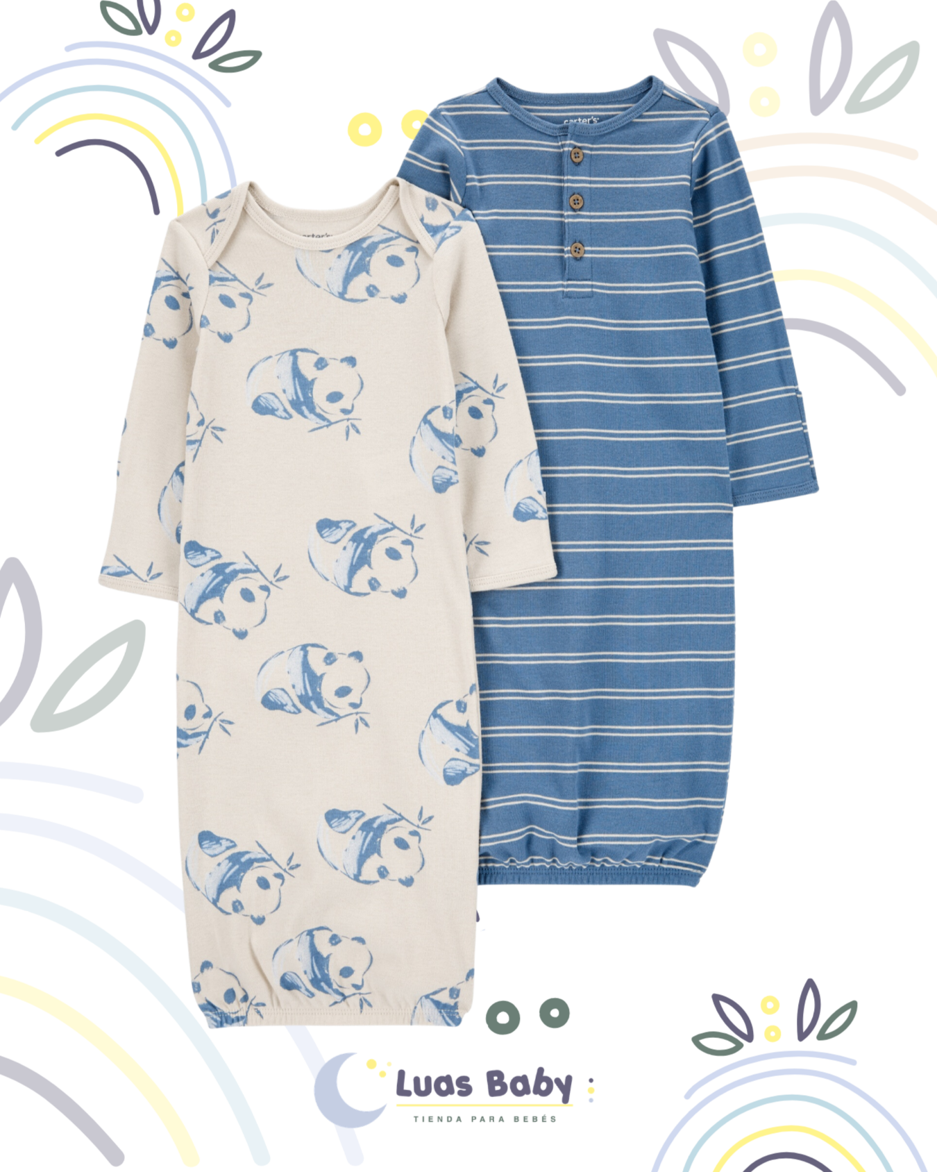 Pack 2 Pijamas Manga Larga Pandas y Rayas Azul