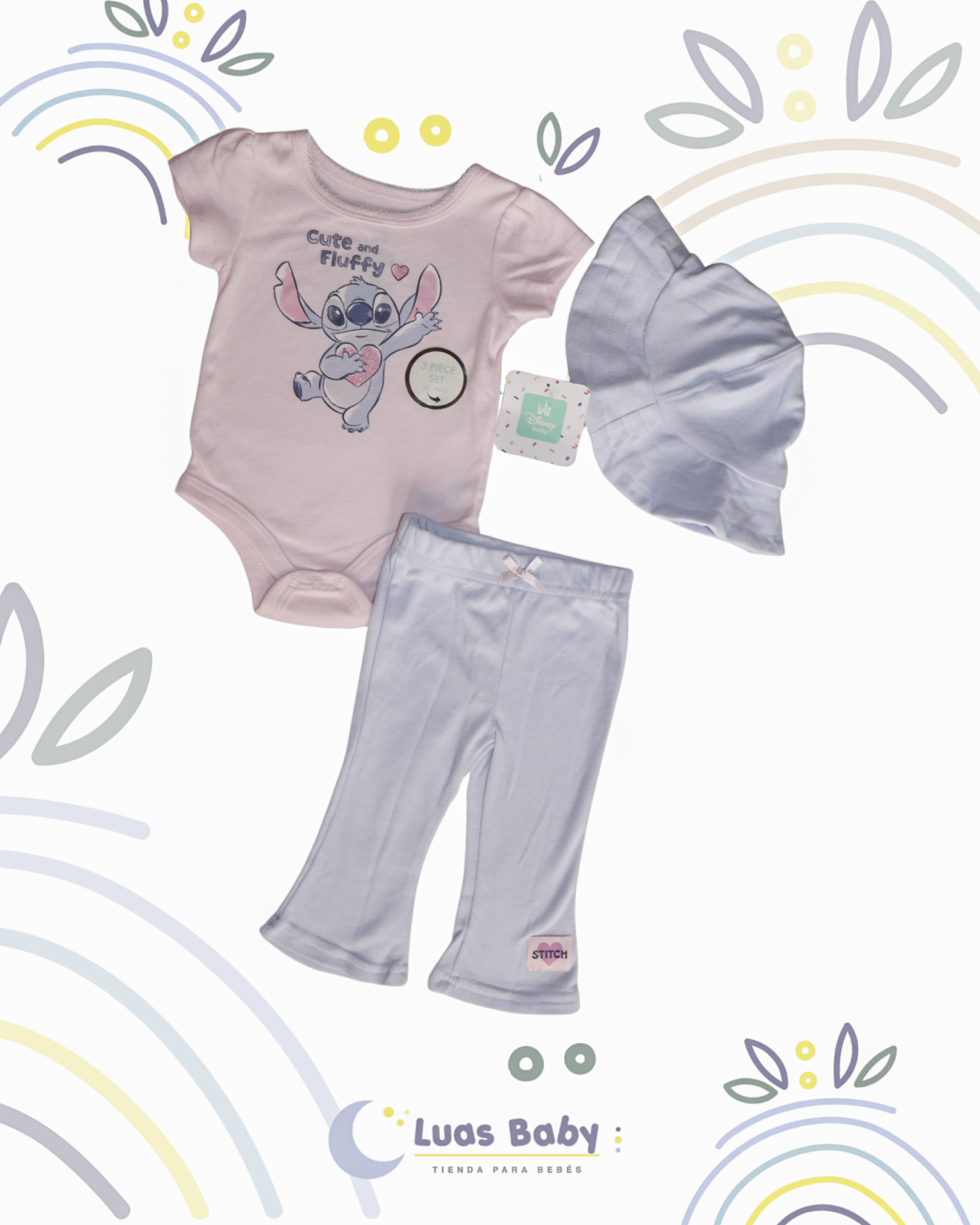 Conjunto 3 Piezas Stitch Body + Pantalón + Gorro Niña