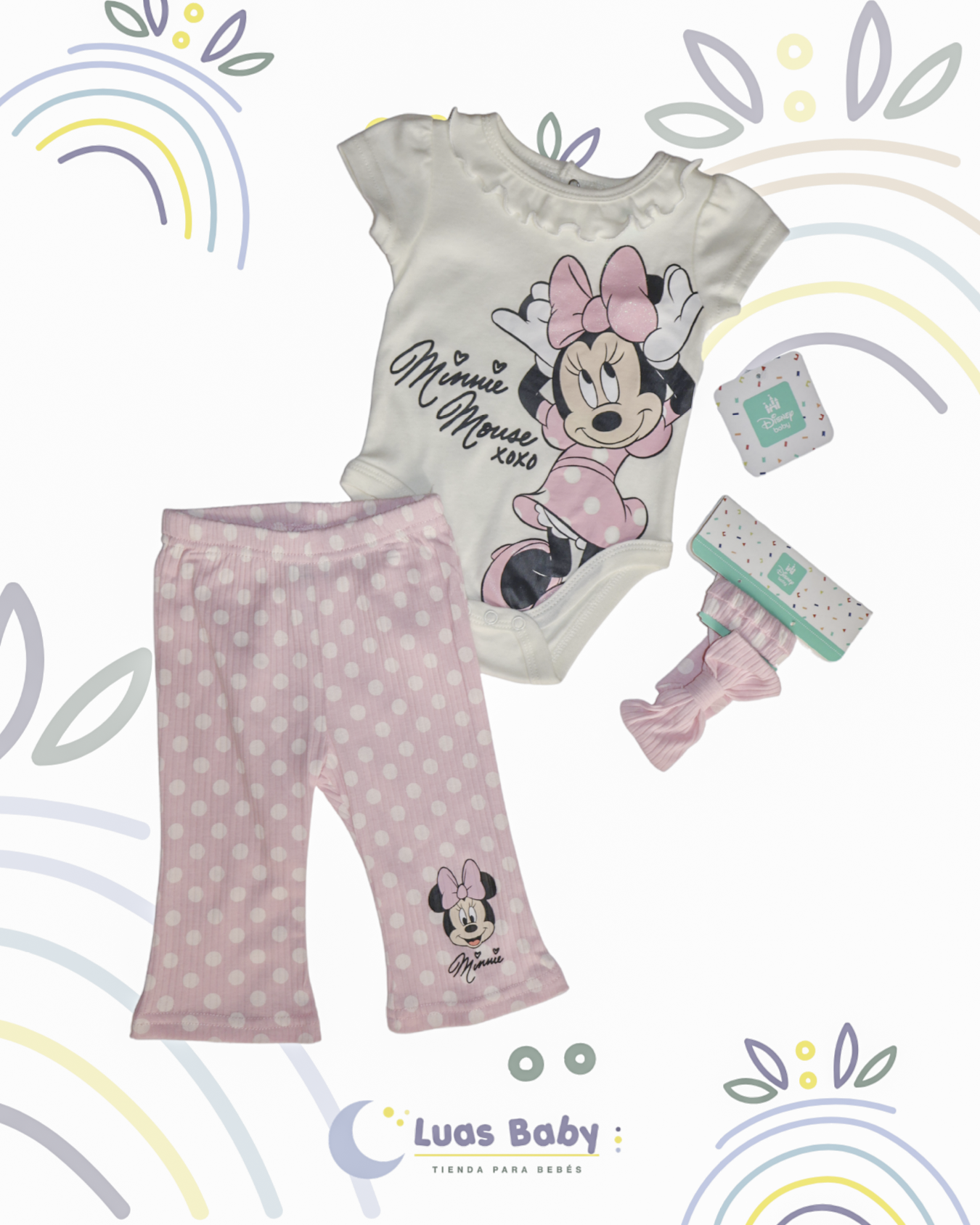 Conjunto 3 Piezas Minnie Mouse Body + Legging + Diadema Rosa