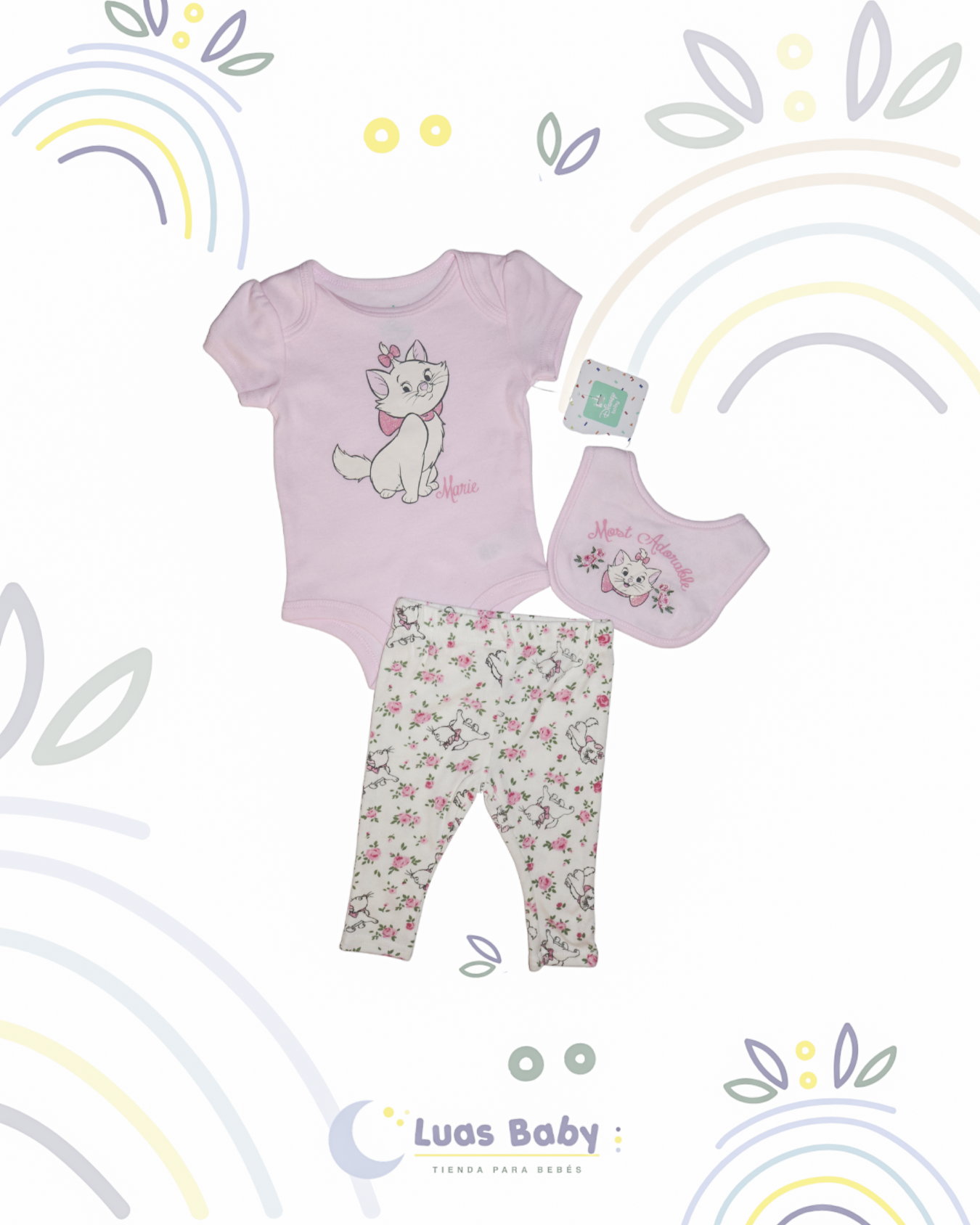 Conjunto 3 Piezas Gato Marie Body + Legging + Babero Floral