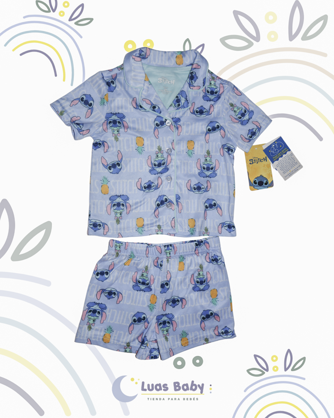 Pijama 2 Piezas Stitch Azul Camisa + Short