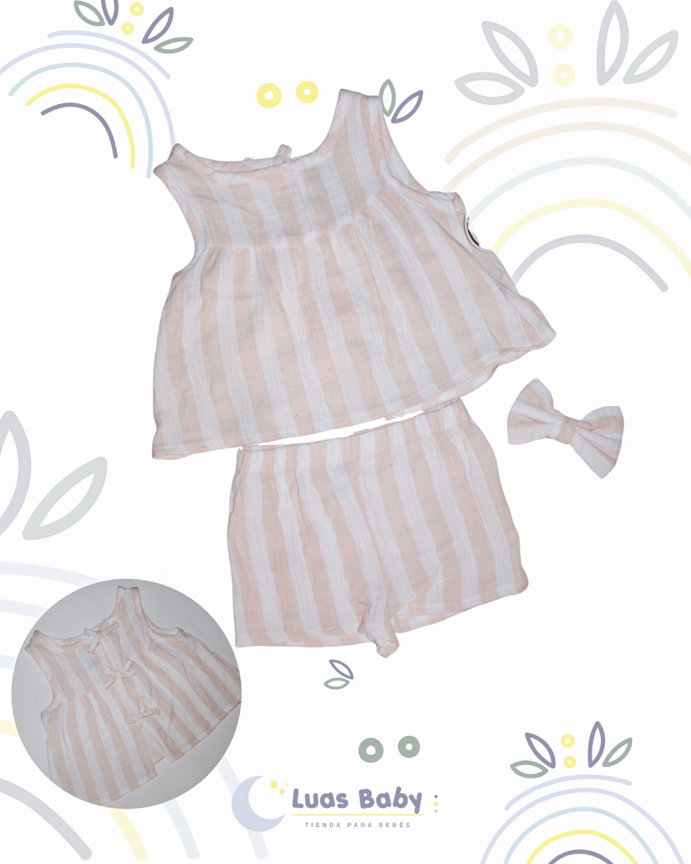 Conjunto 3 Piezas Rayas Top + Short + Lazo Rosado Niña