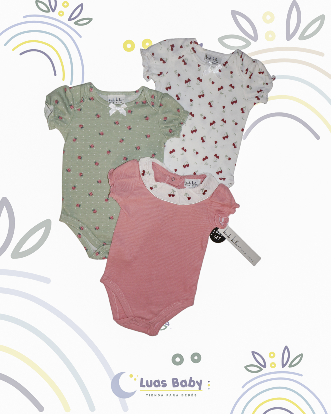 Pack 3 Bodies Manga Corta Cerezas Verde + Blanco + Rosa