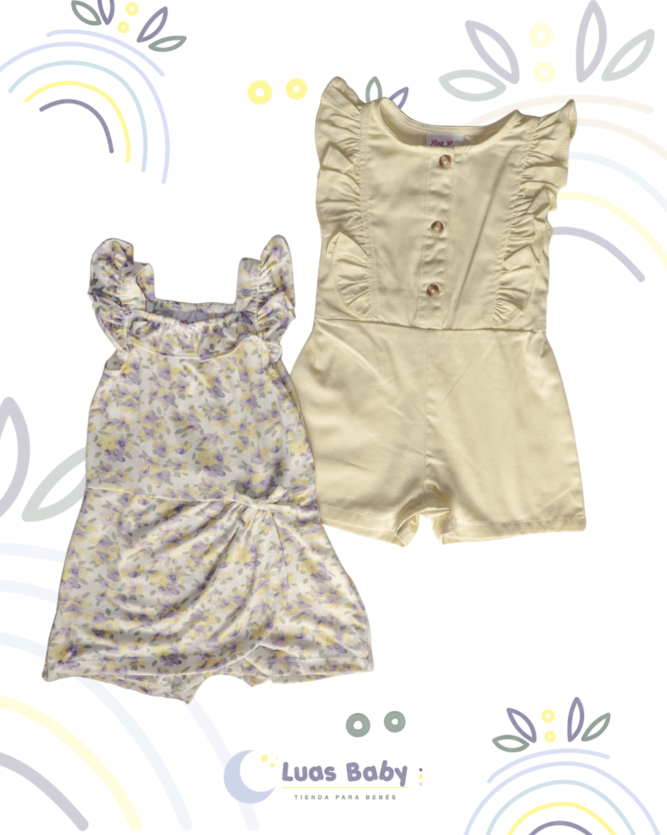 Pack 2 Rompers Tirantes Floral + Liso Crema Niña