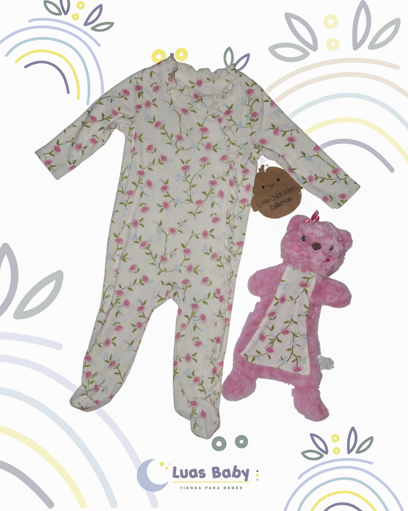 Sleeper Entero con Pie Rosas + Peluche Oso Rosa