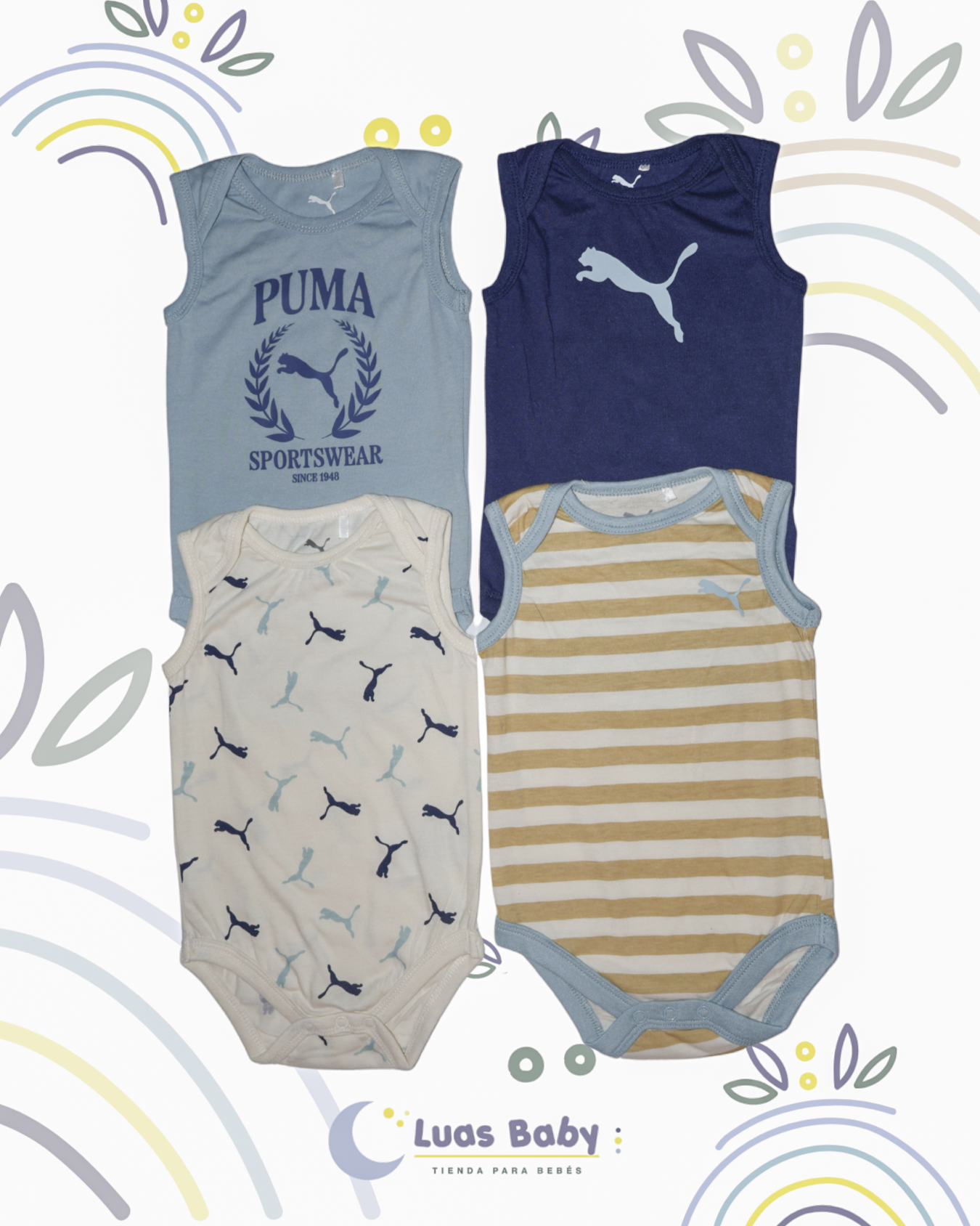 Pack 4 Bodies Sin Manga Puma Niño Azul + Navy + Blanco