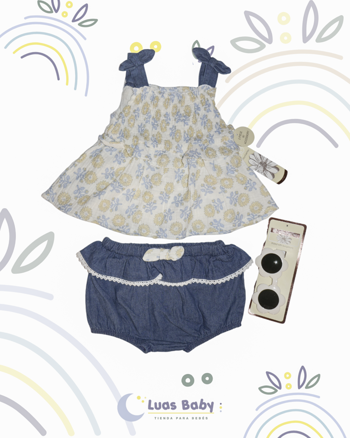 Conjunto Top + Bloomers Floral Azul + Denim + Lentes Sol