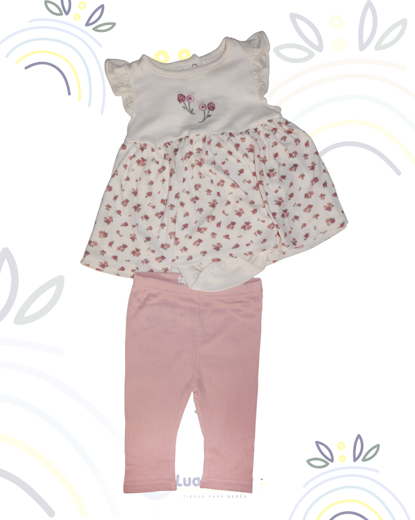Conjunto Body Falda Floral + Legging Rosa Niña