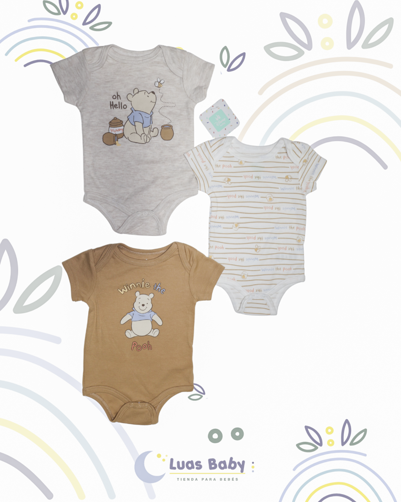 Pack 3 Bodies Winnie Pooh Crema + Blanco + Café Neutro