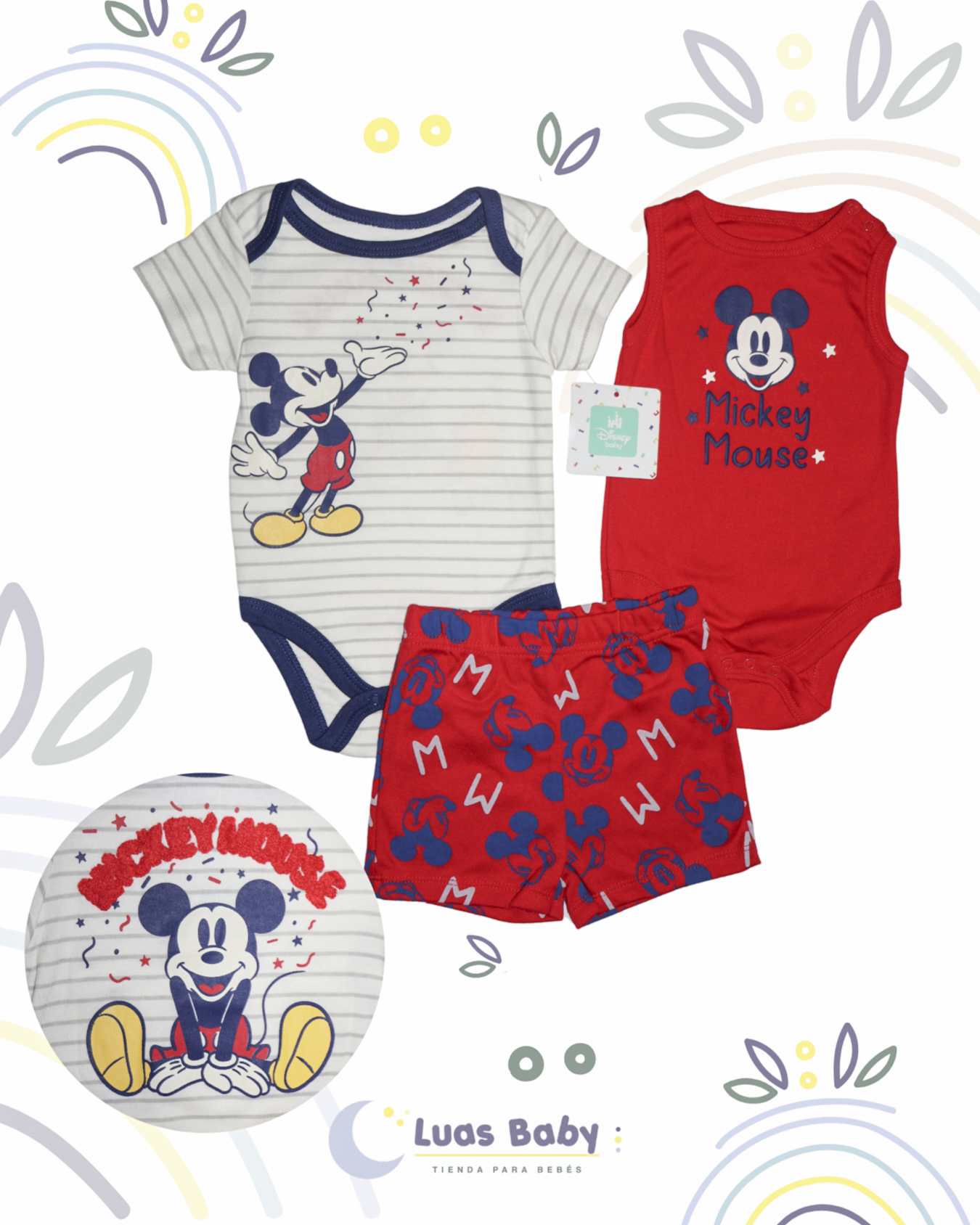 Conjunto 3 Piezas Mickey Mouse 2 Bodies + Short Rojo