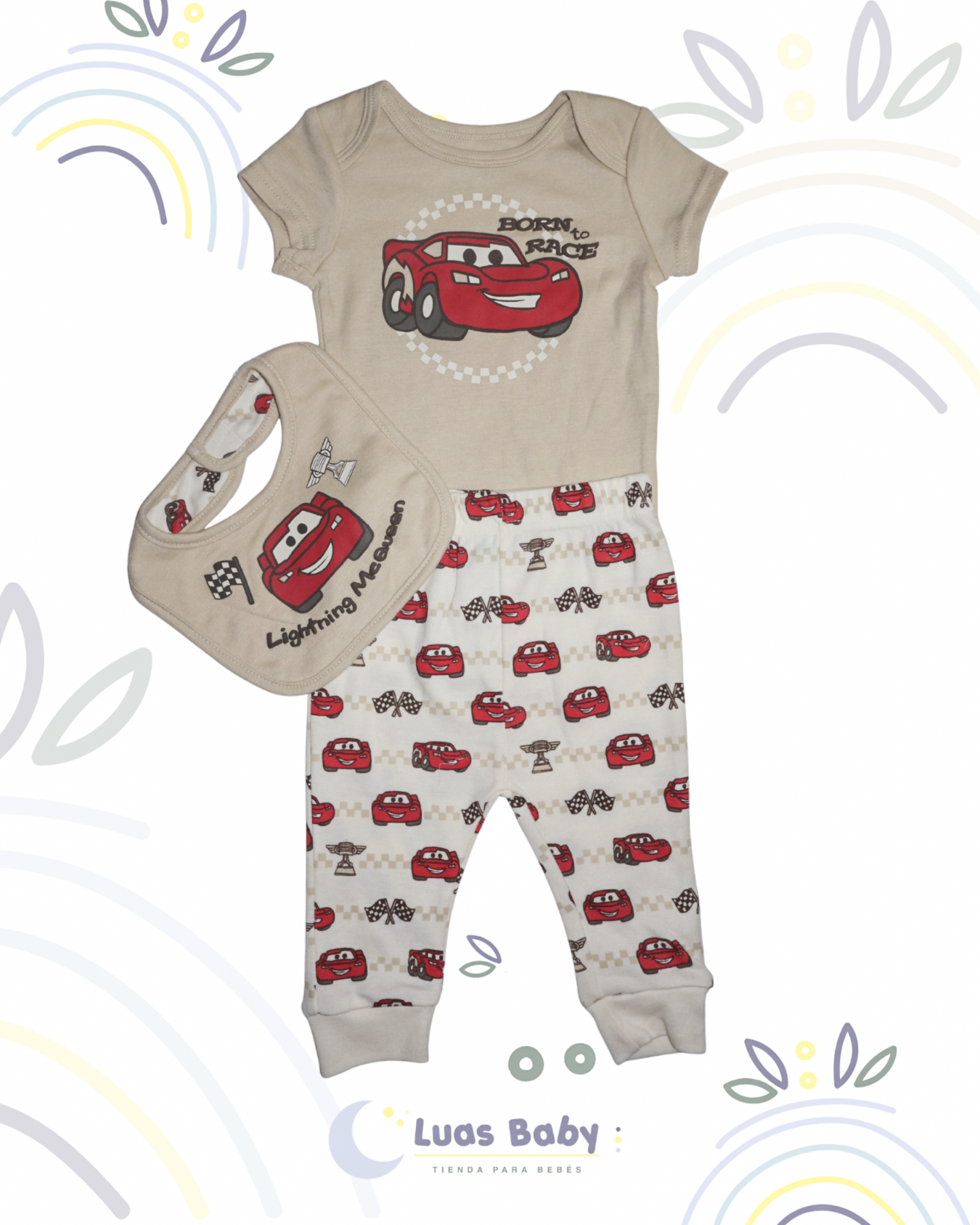 Conjunto 3 Piezas Lightning McQueen Born to Race Body + Pantalón + Babero
