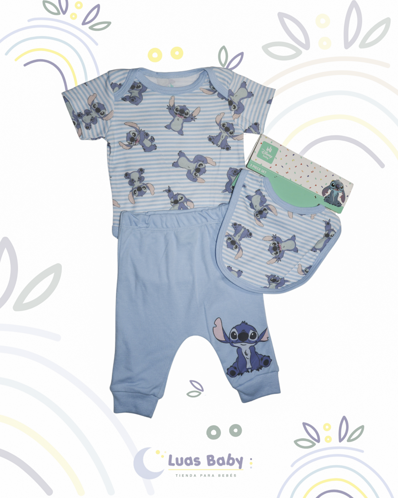 Conjunto 3 Piezas Stitch Body + Pantalón + Babero Azul