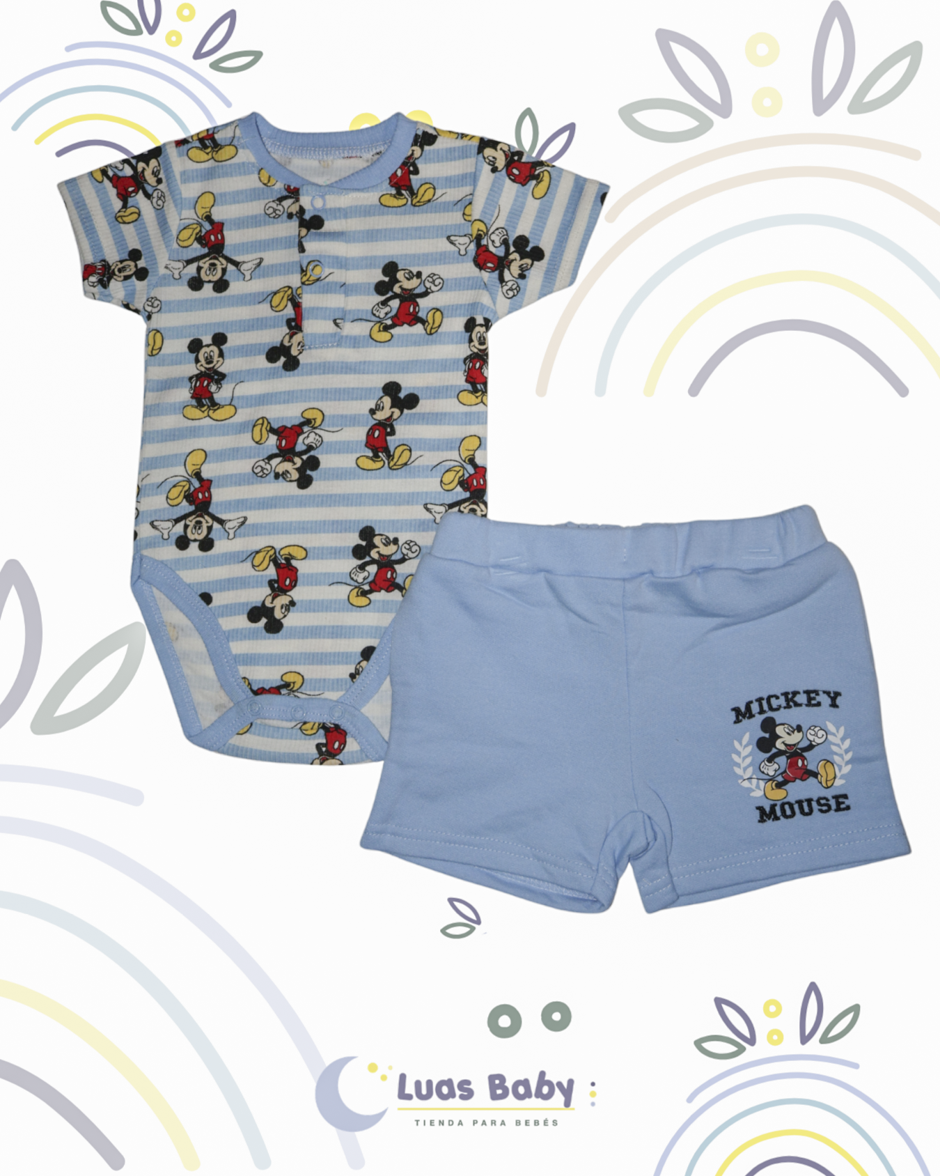Conjunto Body + Short Mickey Mouse Azul Cielo Niño