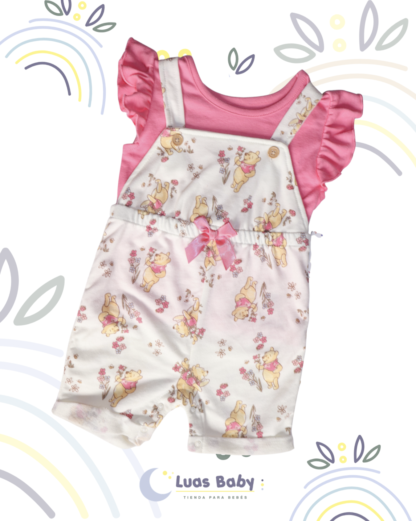 Conjunto Overol + Camiseta Winnie Pooh Fucsia Niña