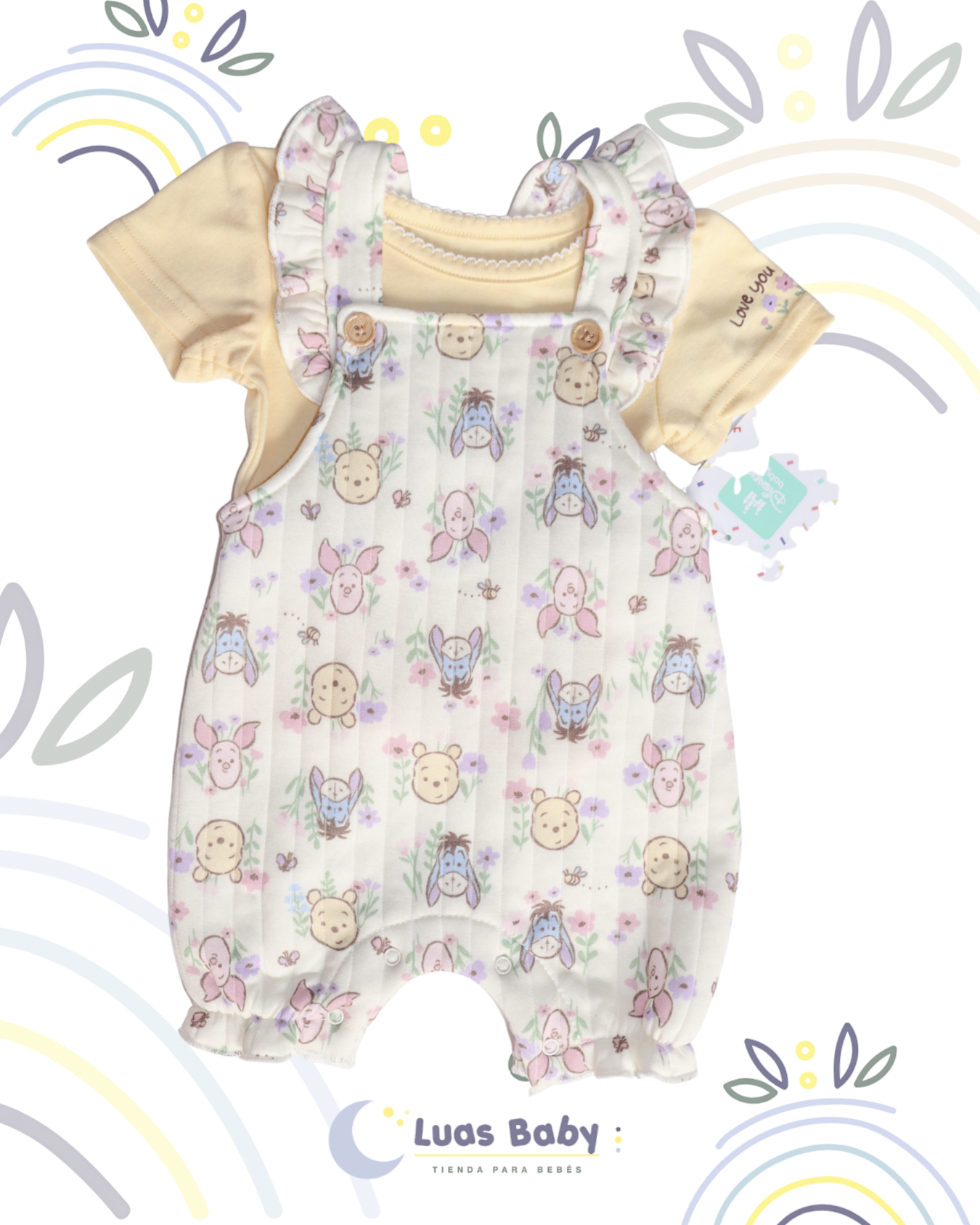 Conjunto Overol + Camiseta Winnie Pooh Amigos Floral