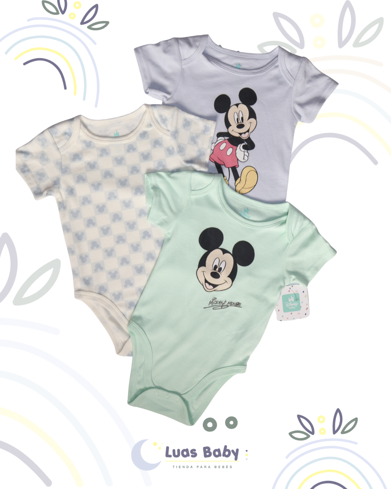 Pack 3 Bodies Mickey Mouse Lila + Crema + Verde Niño