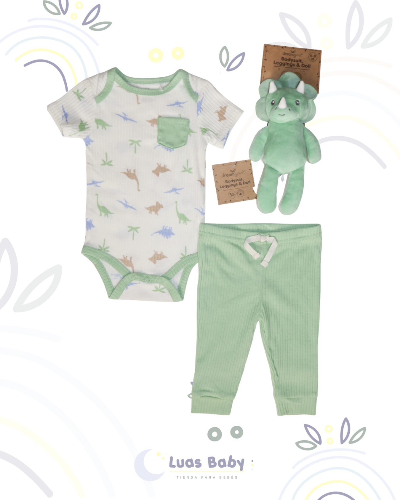 Conjunto 3 Piezas Dinosaurios Body + Pantalón + Peluche Verde
