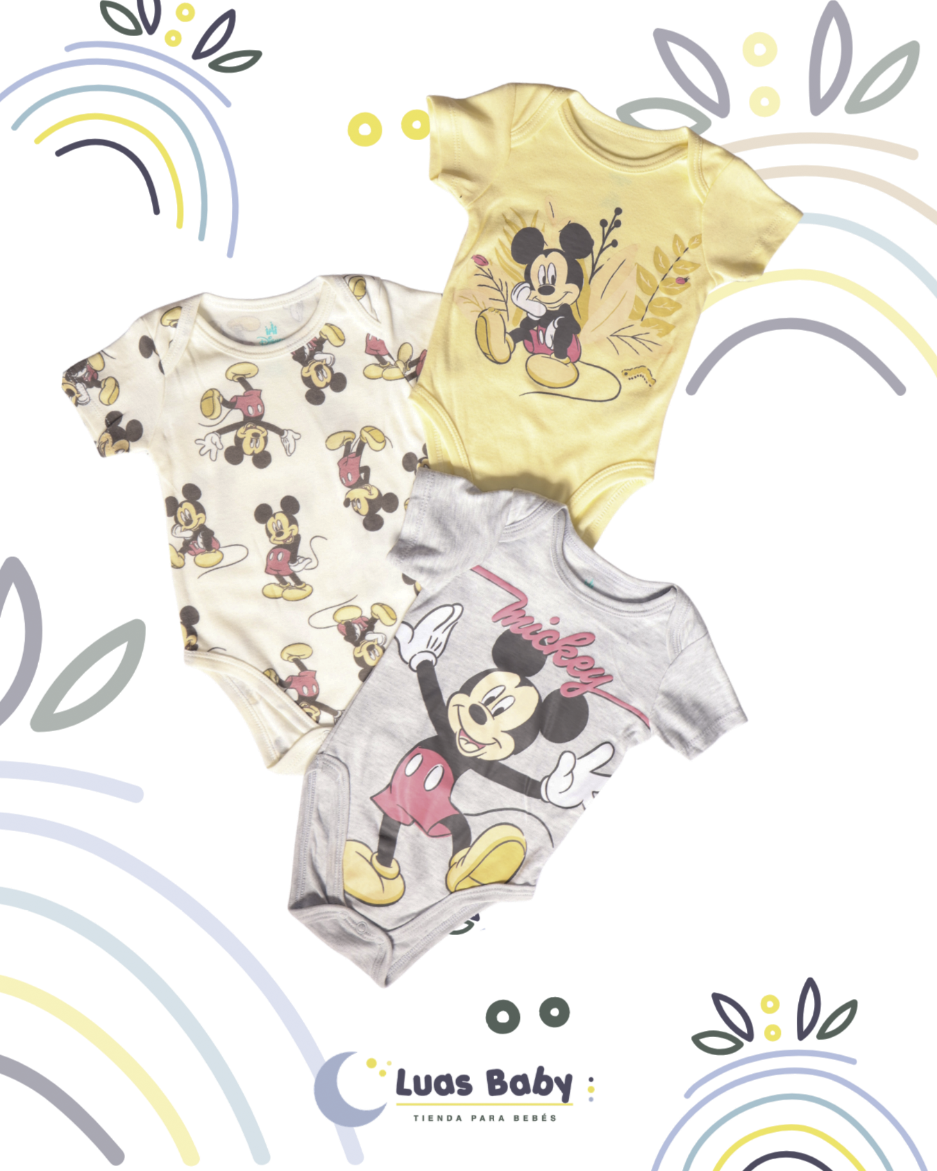 Pack 3 Bodies Mickey + Minnie Crema + Amarillo + Gris Neutro