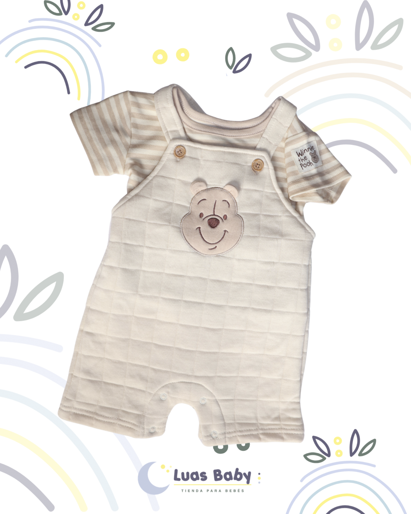 Conjunto Overol Acolchado + Camiseta Winnie Pooh Crema Beige