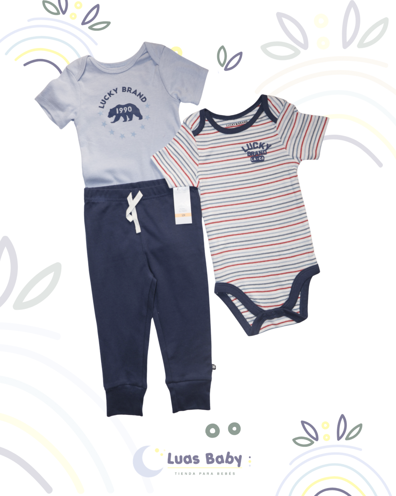 Conjunto 3 Piezas Lucky Brand Body + Pantalón + Body Rayas Niño
