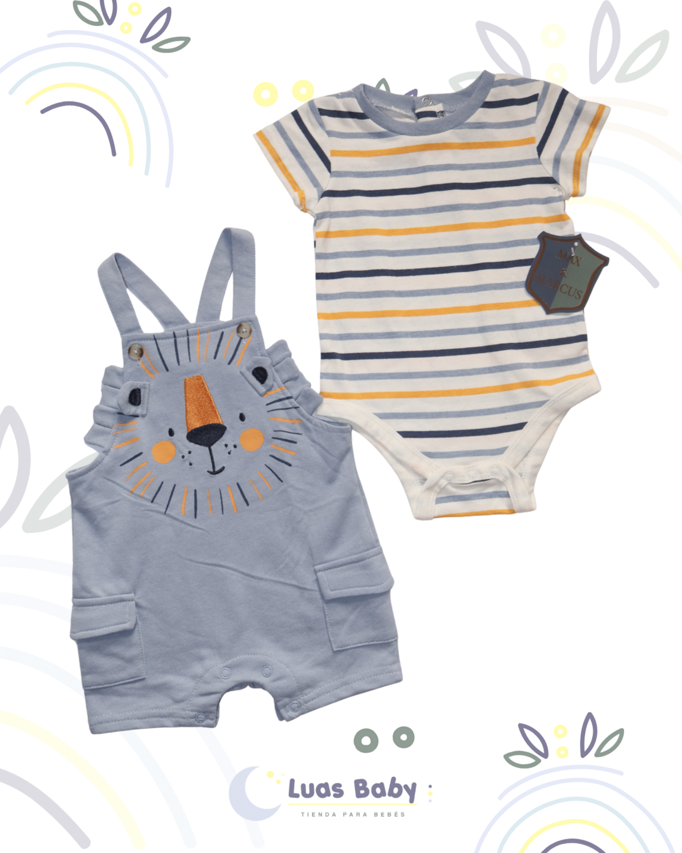 Conjunto Overol León + Body Rayas Azul Niño