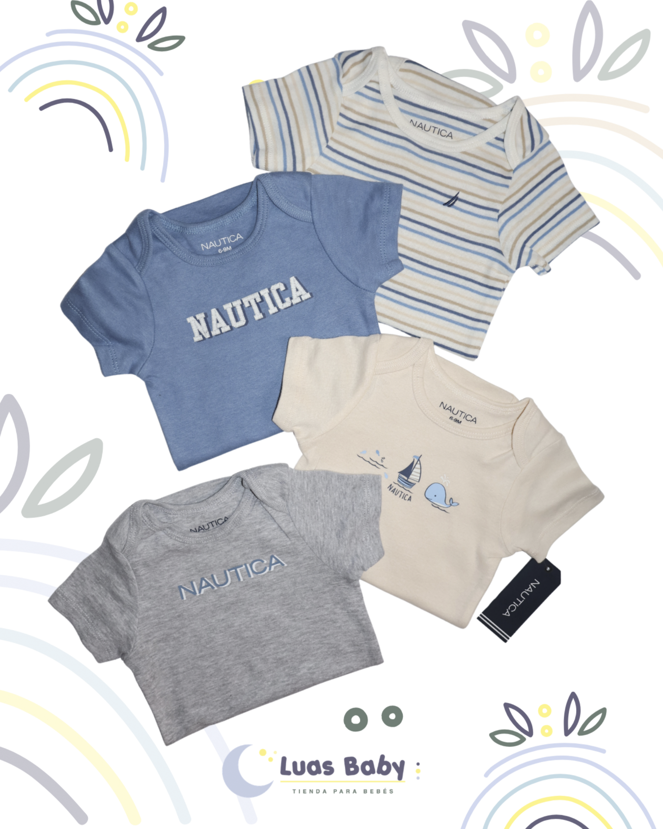 Pack 5 Bodies Manga Corta Nautica Azul + Rayas + Beige + Gris
